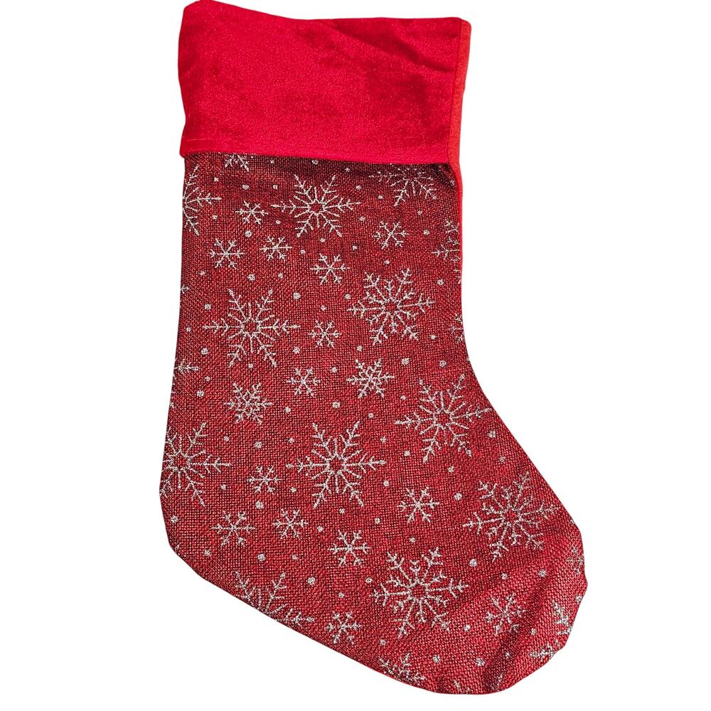 Red Christmas Stocking Glitter Silver Snowflakes 16" Hanging Holiday Decor